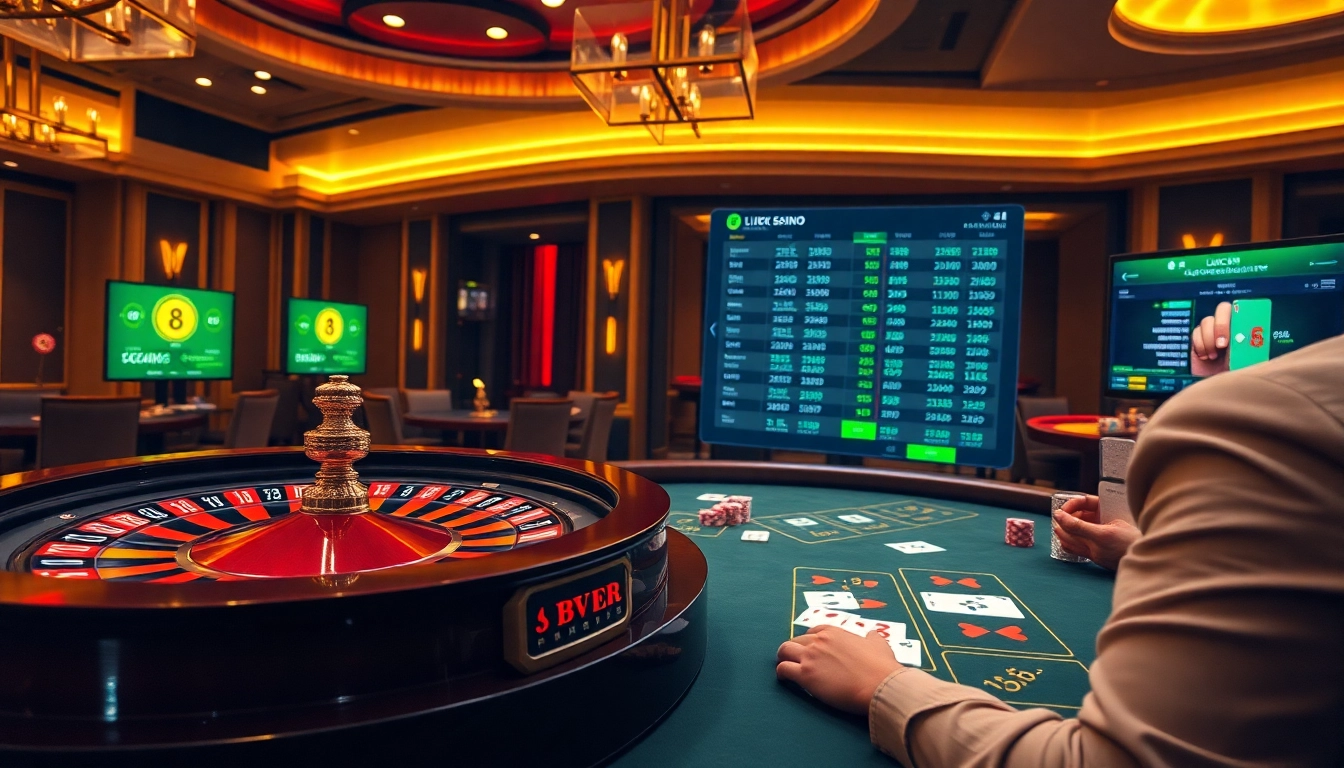 Luck8 casino scene featuring vibrant poker table and roulette wheel for online gamblers.