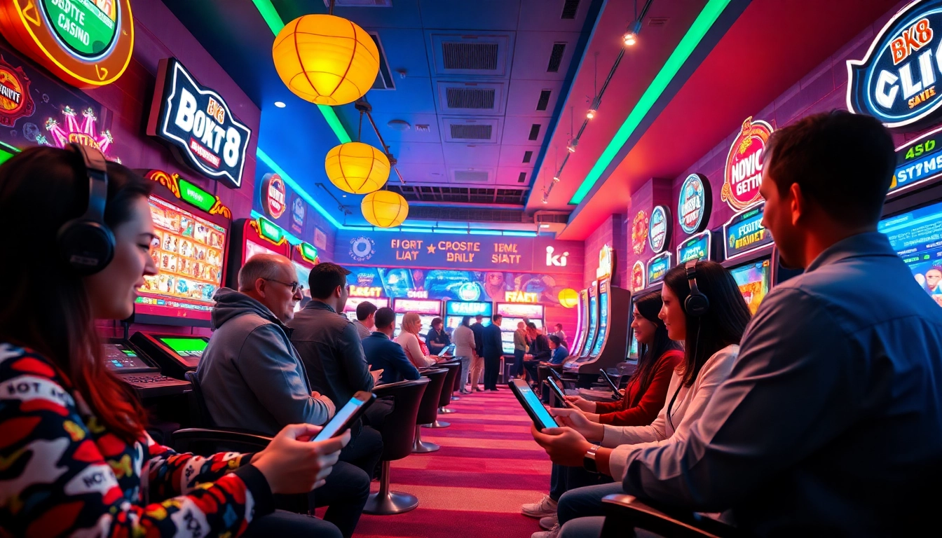Online gaming experience at bk860s.com showcasing diverse players and vibrant game interfaces in a modern setting.