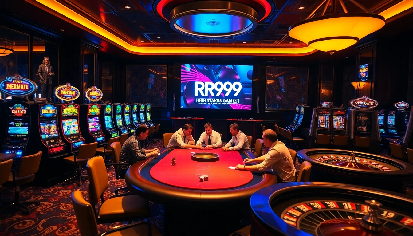 Experience thrilling gameplay at RR99 casino with vibrant slot machines and a lively poker table.