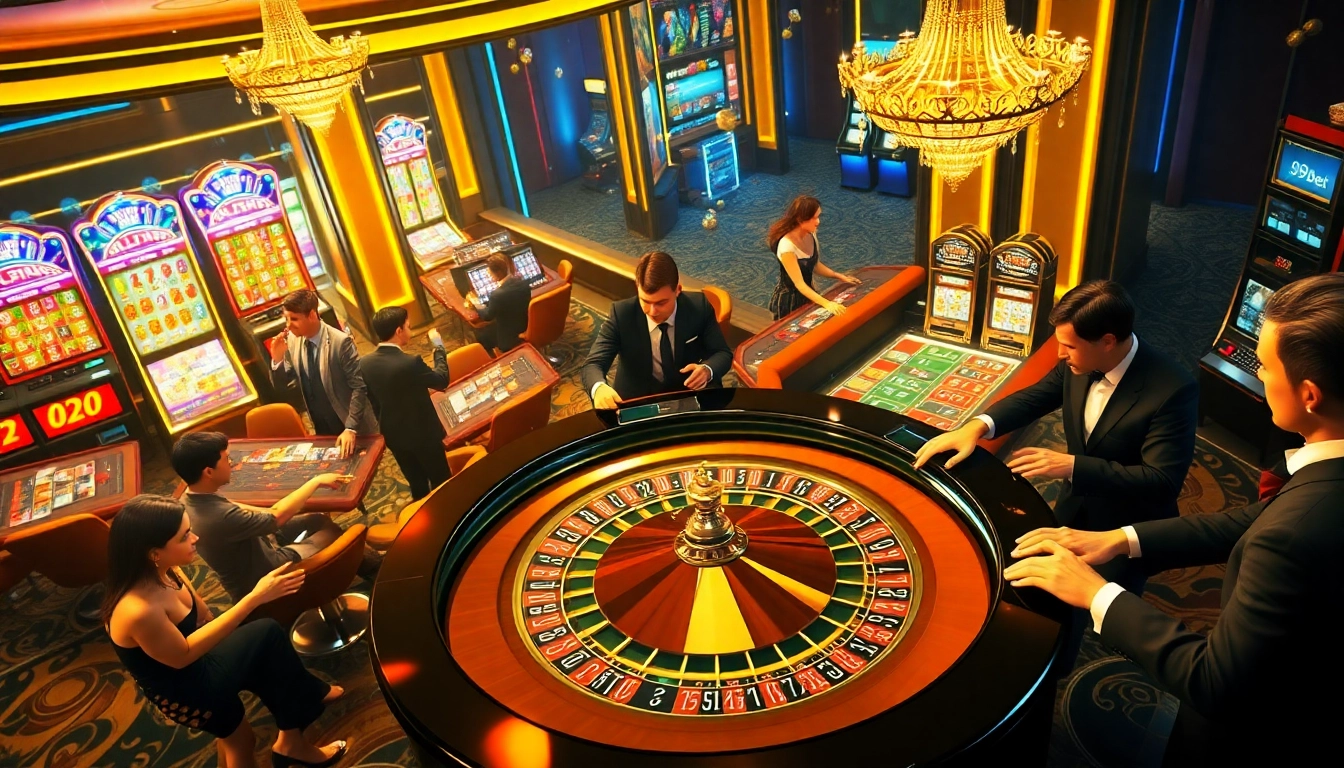Exciting scene at 89bet casino featuring players at a roulette table, vibrant slot machines, and colorful poker chips.