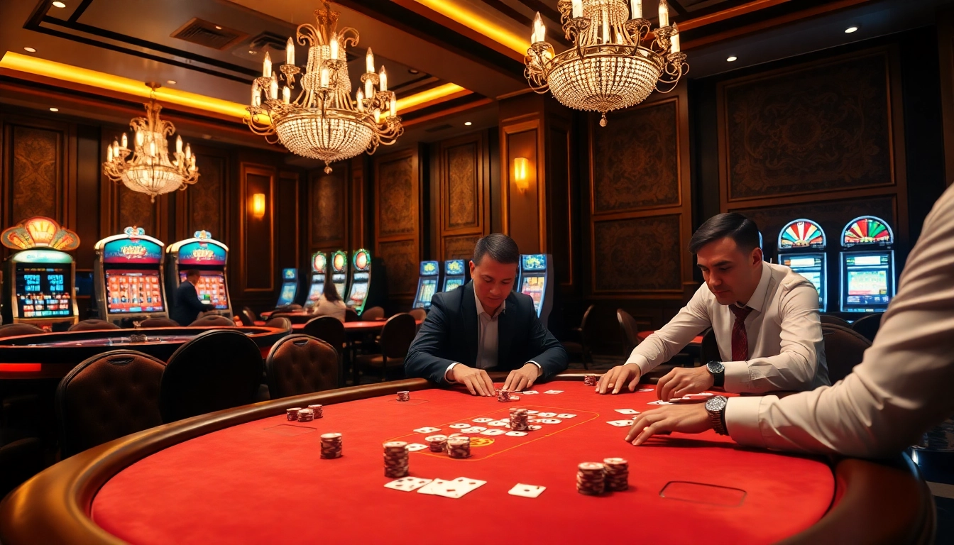Players strategizing at a poker table in a luxurious casino, showcasing nhà cái KK55's vivid gambling environment.