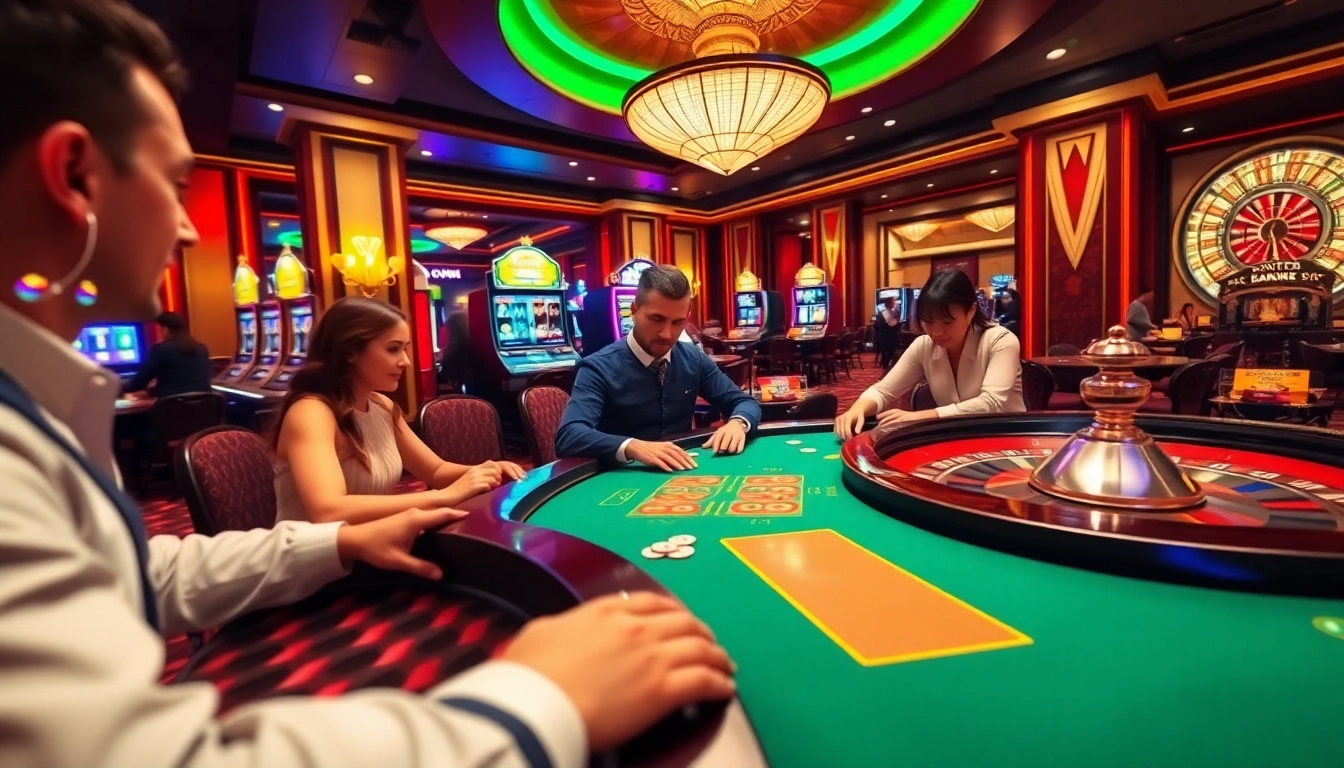 Players enjoying a thrilling poker game at Kp88.com, showcasing vibrant casino action and excitement.