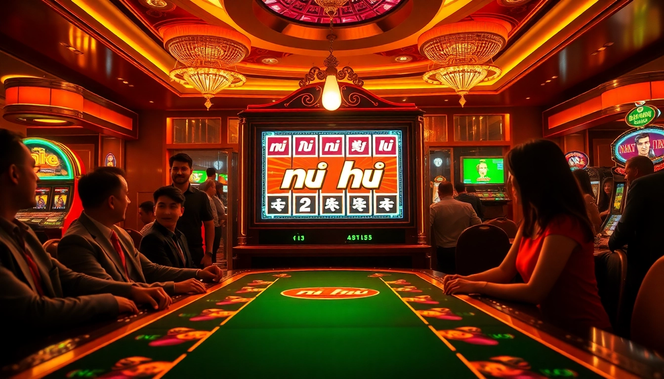 Celebrate gambling excitement with the nổ hũ slot machine in a luxurious casino setting full of players.
