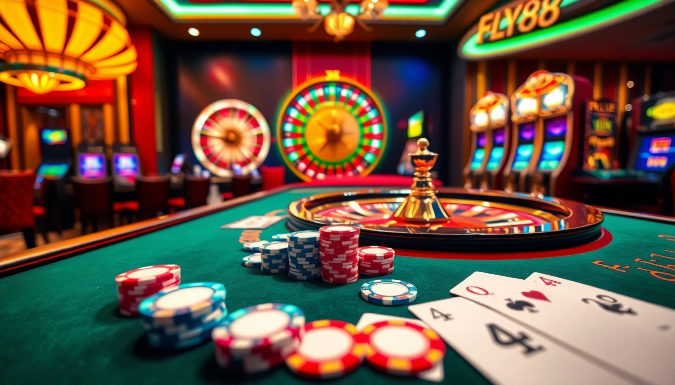 High-stakes poker chips at an elegant casino table representing FLY88's thrilling gaming experience.