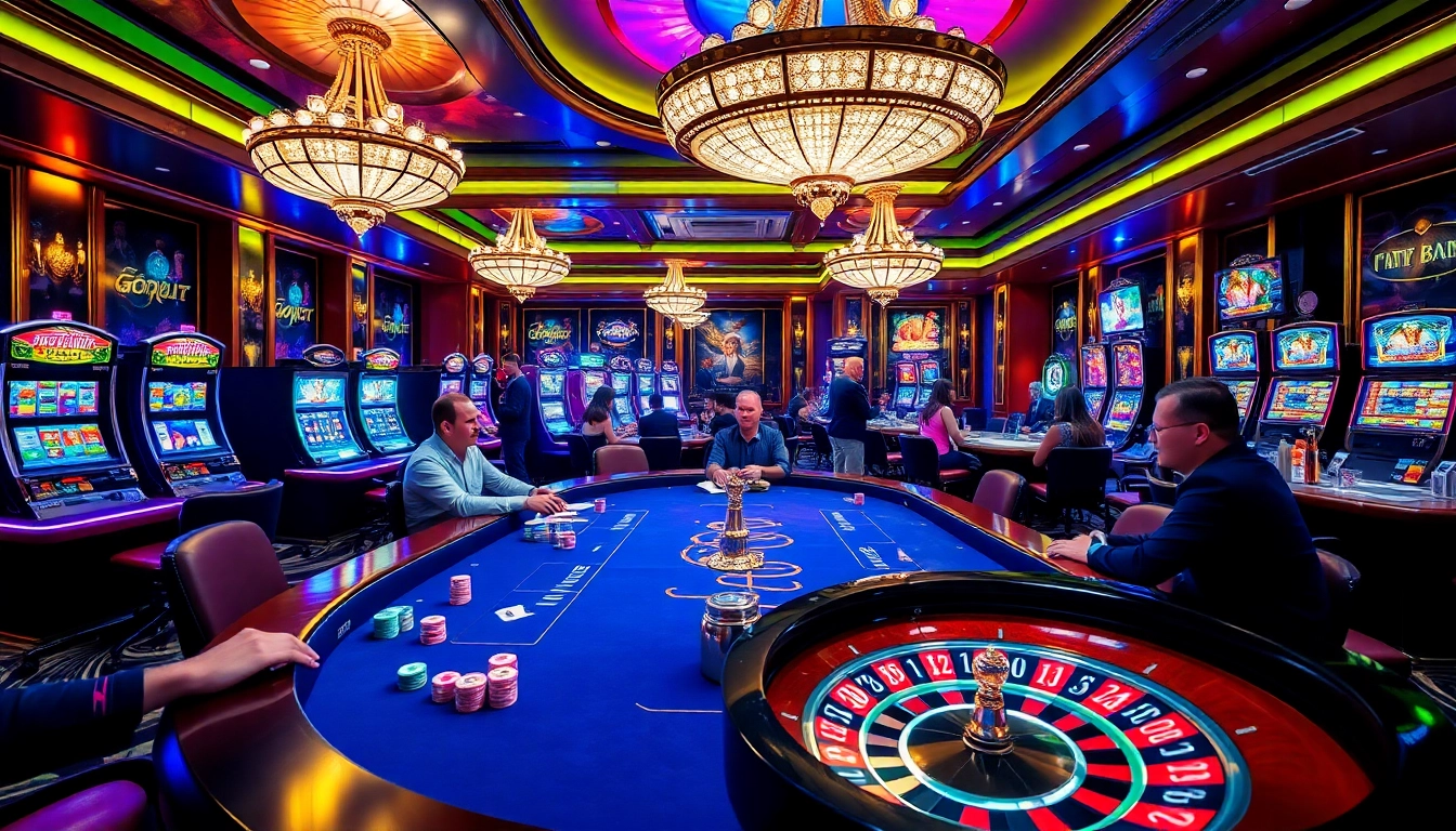 Exciting casino scene featuring a poker table and vibrant gambling atmosphere at go 88.