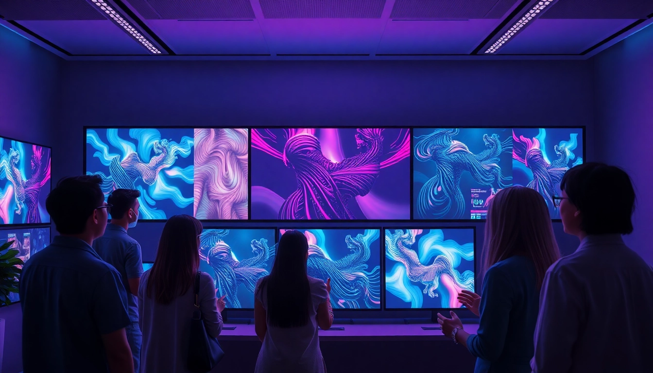 Engaged users exploring NSFW AI art generator in a modern studio.