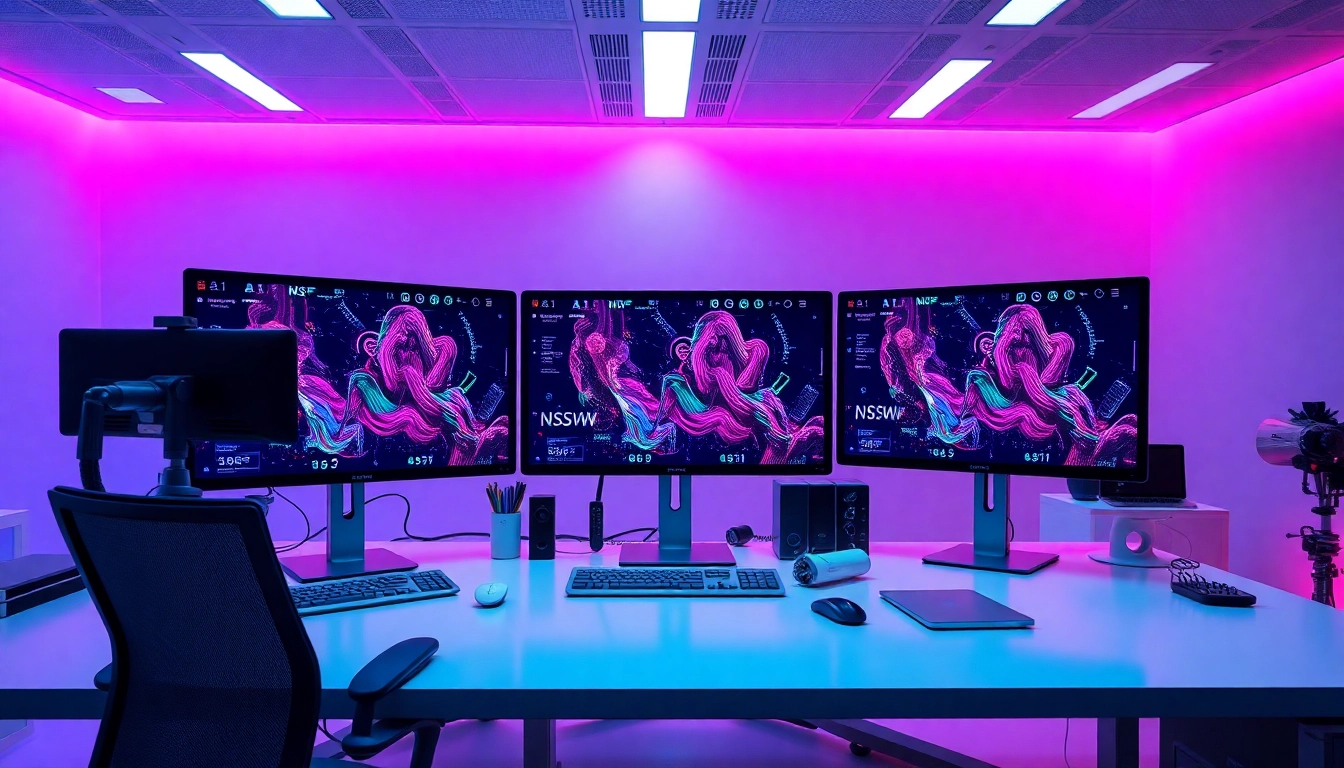 Futuristic digital workspace showcasing NSFW AI-generated images with vibrant lighting.