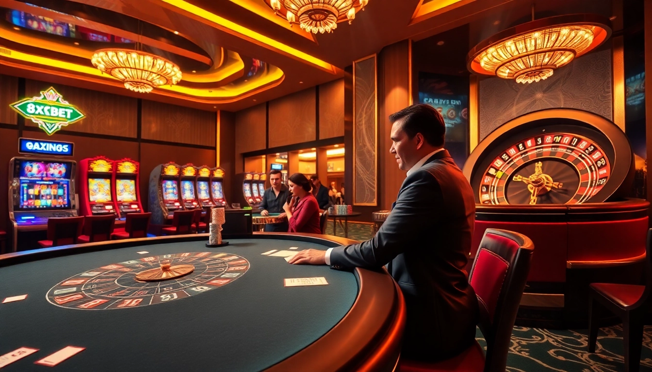 Experience the thrill of 8xbet with vibrant casino gaming visuals featuring blackjack tables and roulette.