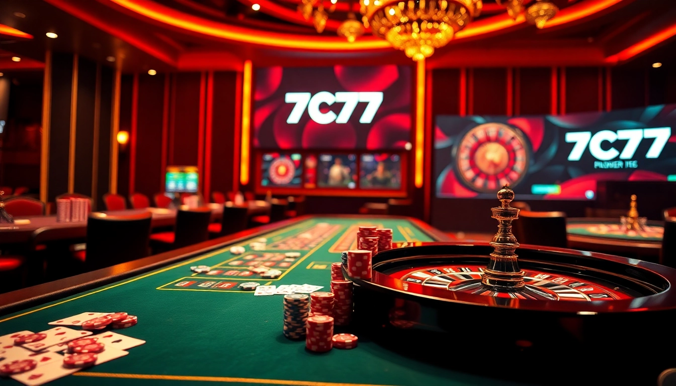 Players enjoying online games at 7C77 casino with vibrant tables and chips.