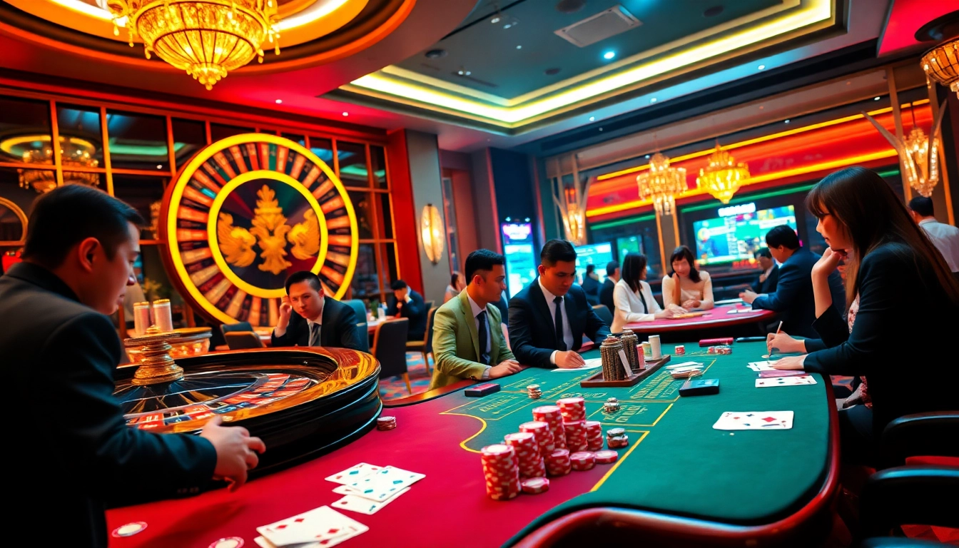A thrilling gaming moment at nhà cái PS99, showcasing players enjoying poker and roulette.