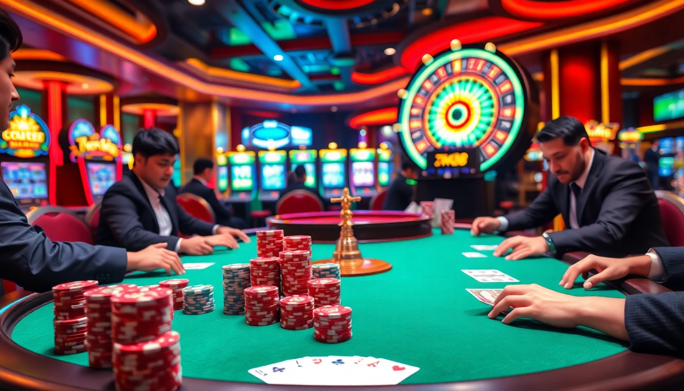 High-stakes poker game at TK88 Casino highlighting colorful chips and intense gameplay.