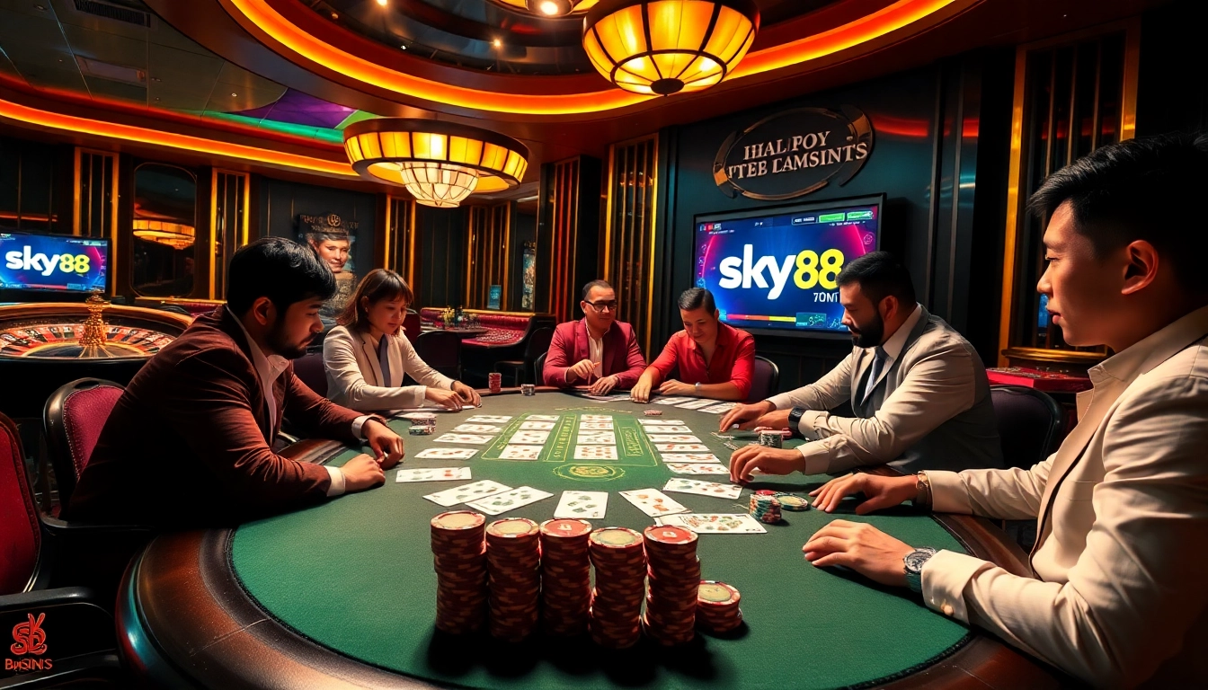 Experience thrilling gameplay at sky88 casino with vibrant poker tables and colorful chips.