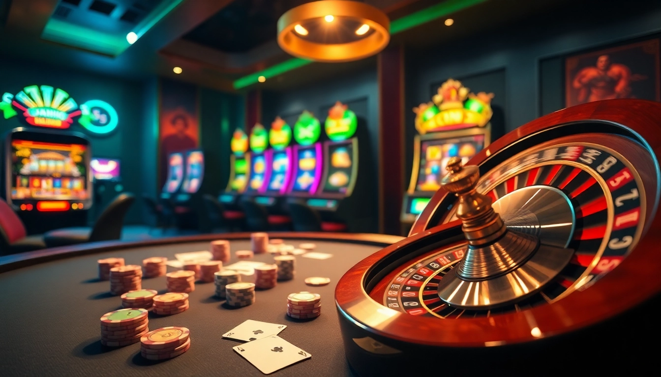 Exciting casino action at rr88it.com featuring vibrant poker tables and spinning roulette wheels.