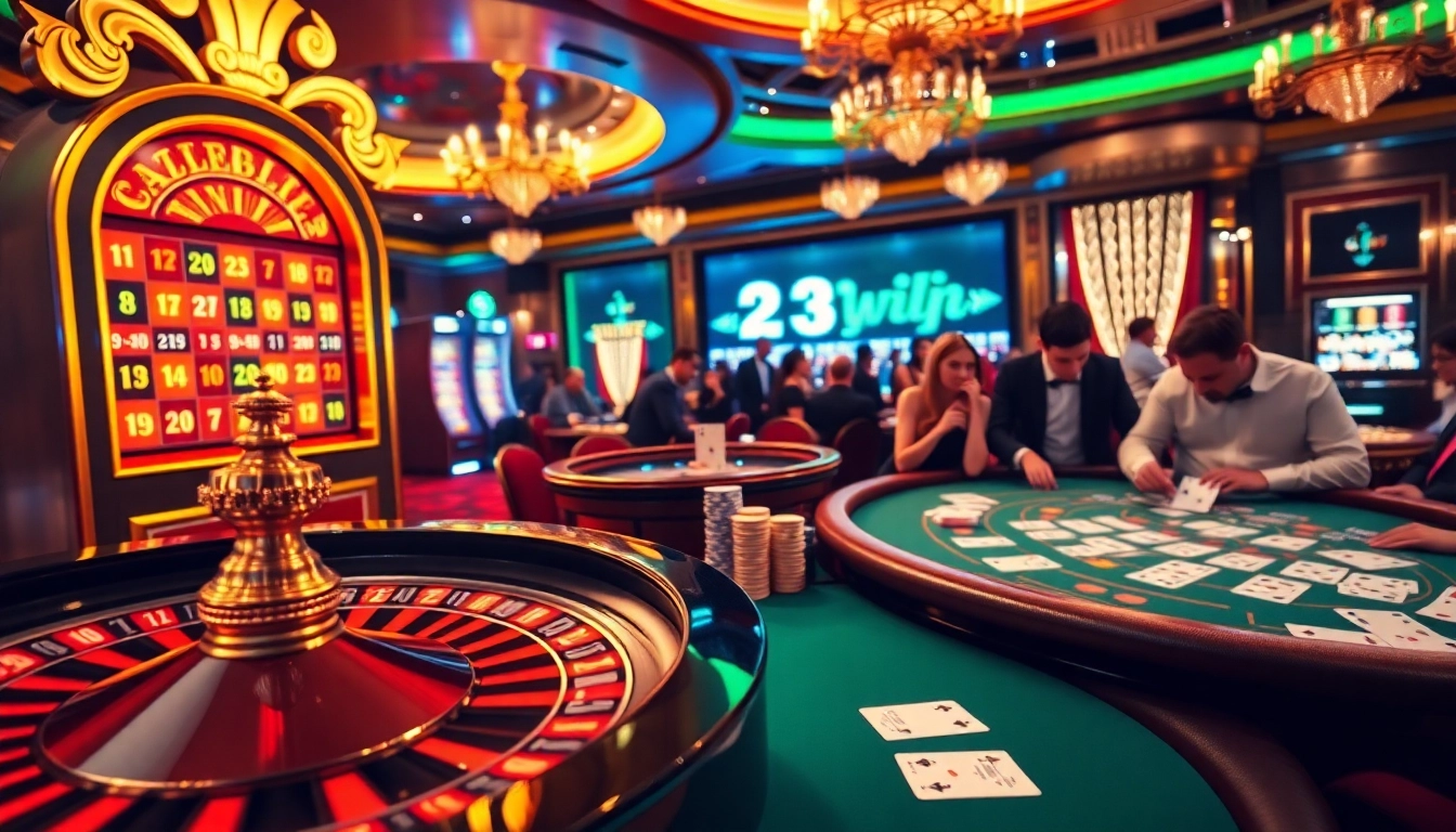 Players enjoying their experience at 23win casino with roulette, cards, and vibrant slot machines.