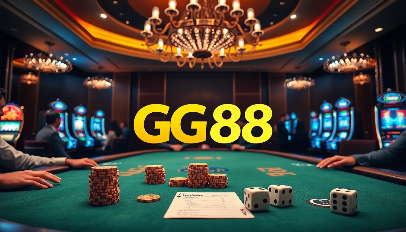 Players enjoying a high-stakes game at GG88 casino, featuring vibrant poker chips and slot machines.