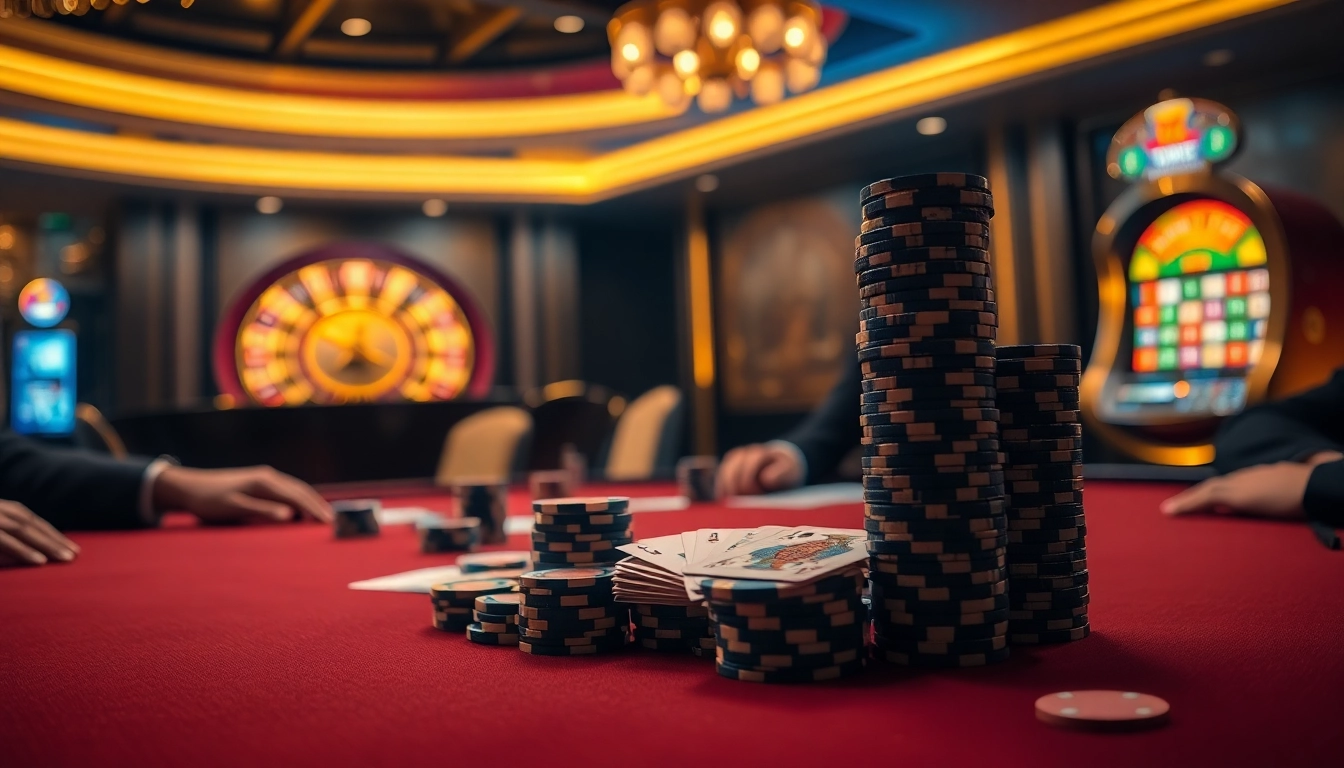 Excited players betting in a luxurious casino setting, showcasing gamebaidoithuong.