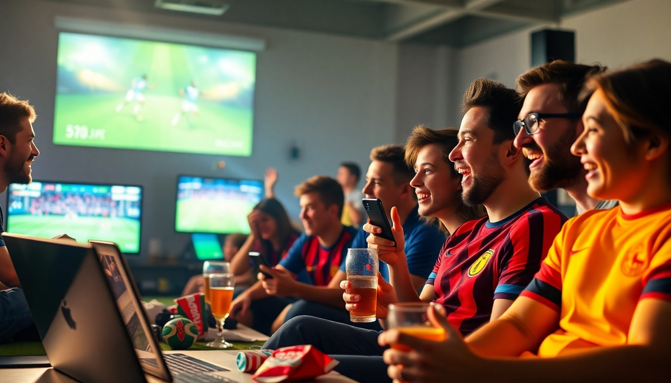 Excited fans enjoying live football streaming on vaoluoi tv across multiple devices.