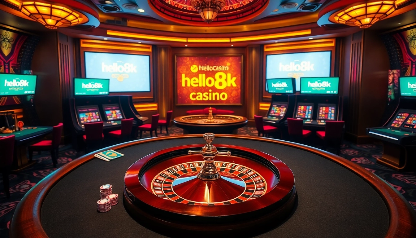 Experience the thrill of online gaming at hello88k.blog, featuring a luxurious poker table and vibrant slot machines.