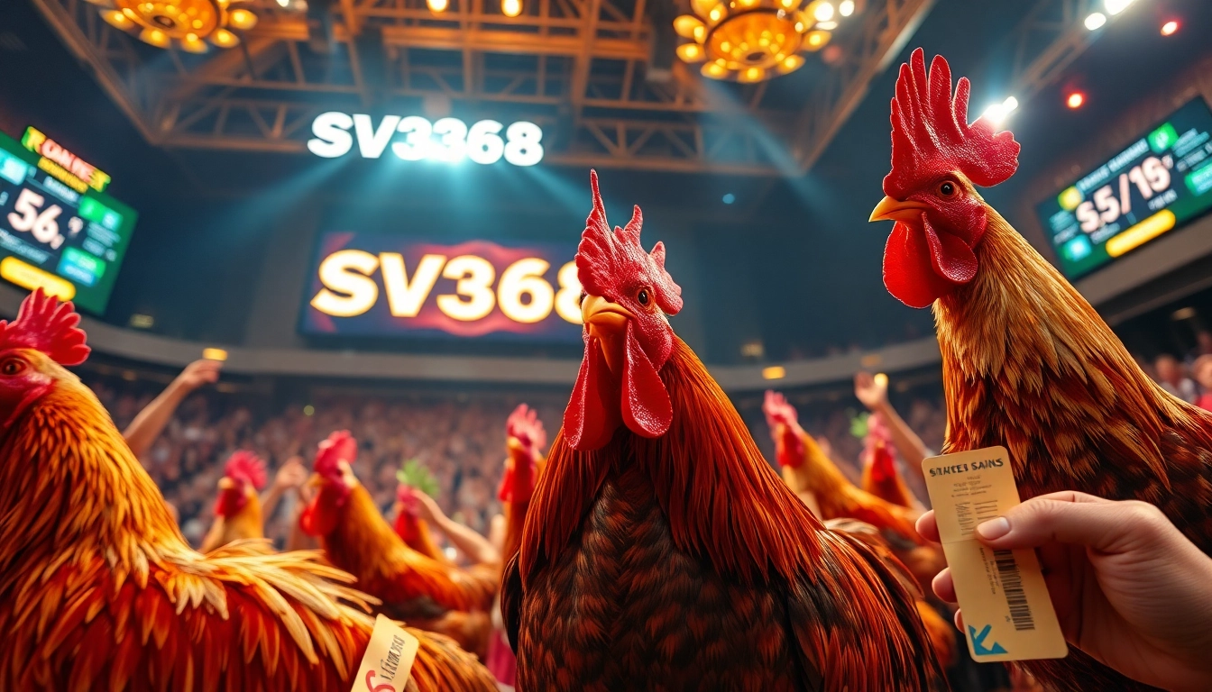Experience the thrilling live cockfighting at sv368win.live, showcasing vibrant colors and an energetic crowd.