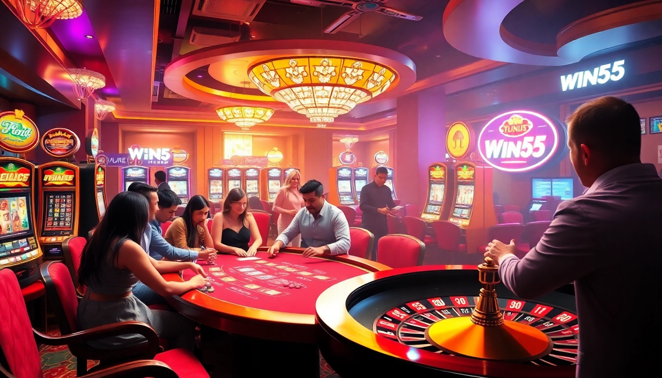 Experience the thrill of Win55 at a luxurious casino with vibrant poker and slot machines.