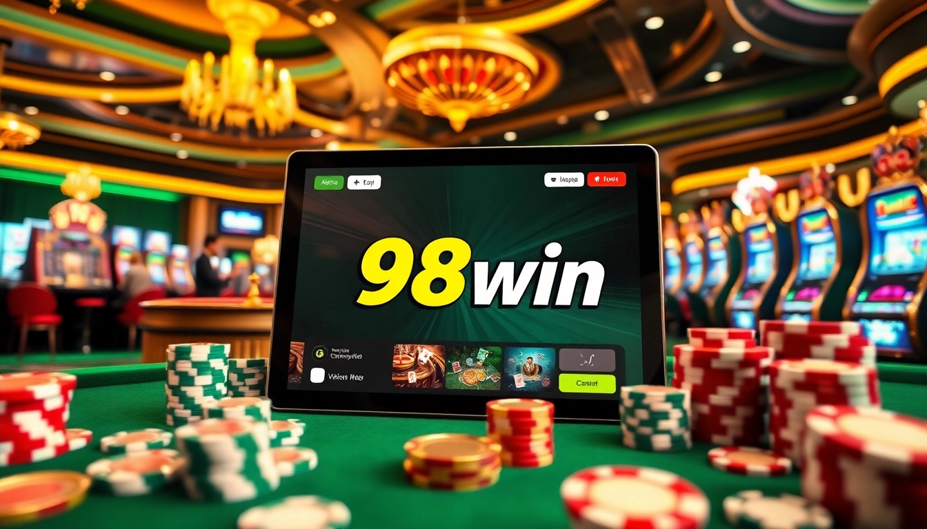 The app 98win showcased on a luxurious casino tablet amidst exciting gambling elements.