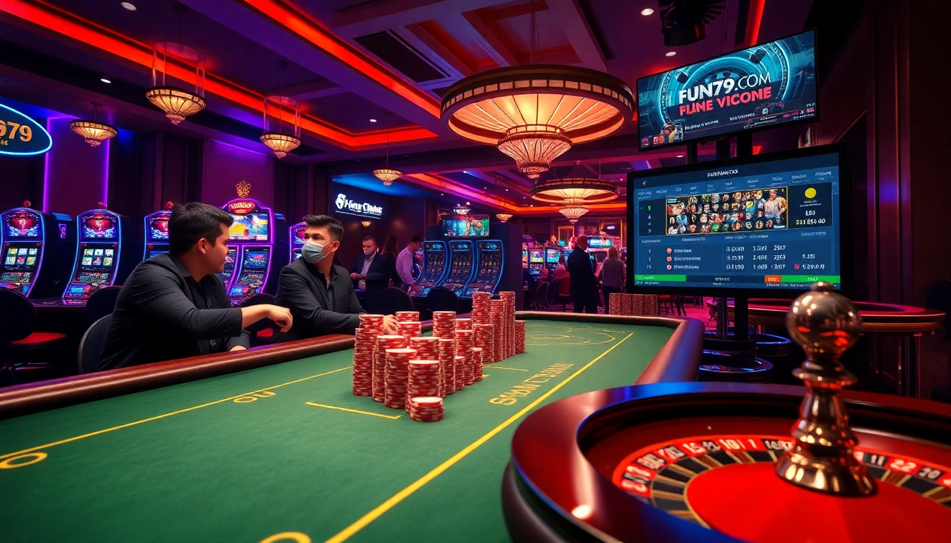 Experience the thrill of fun79.com with an upscale casino scene featuring poker, roulette, and slot games.