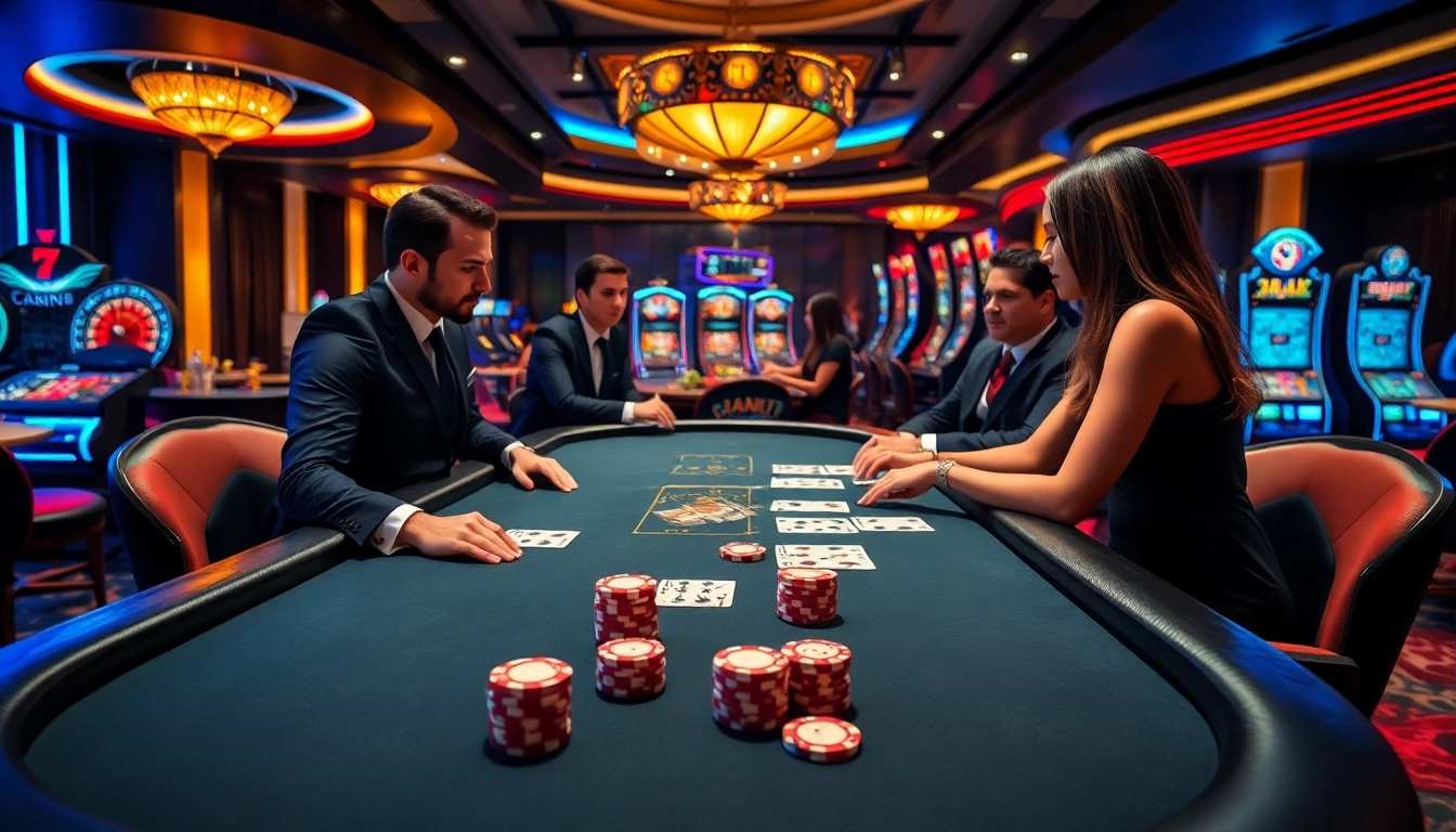 OKKING poker chips on an elegant table in a luxurious casino setting.