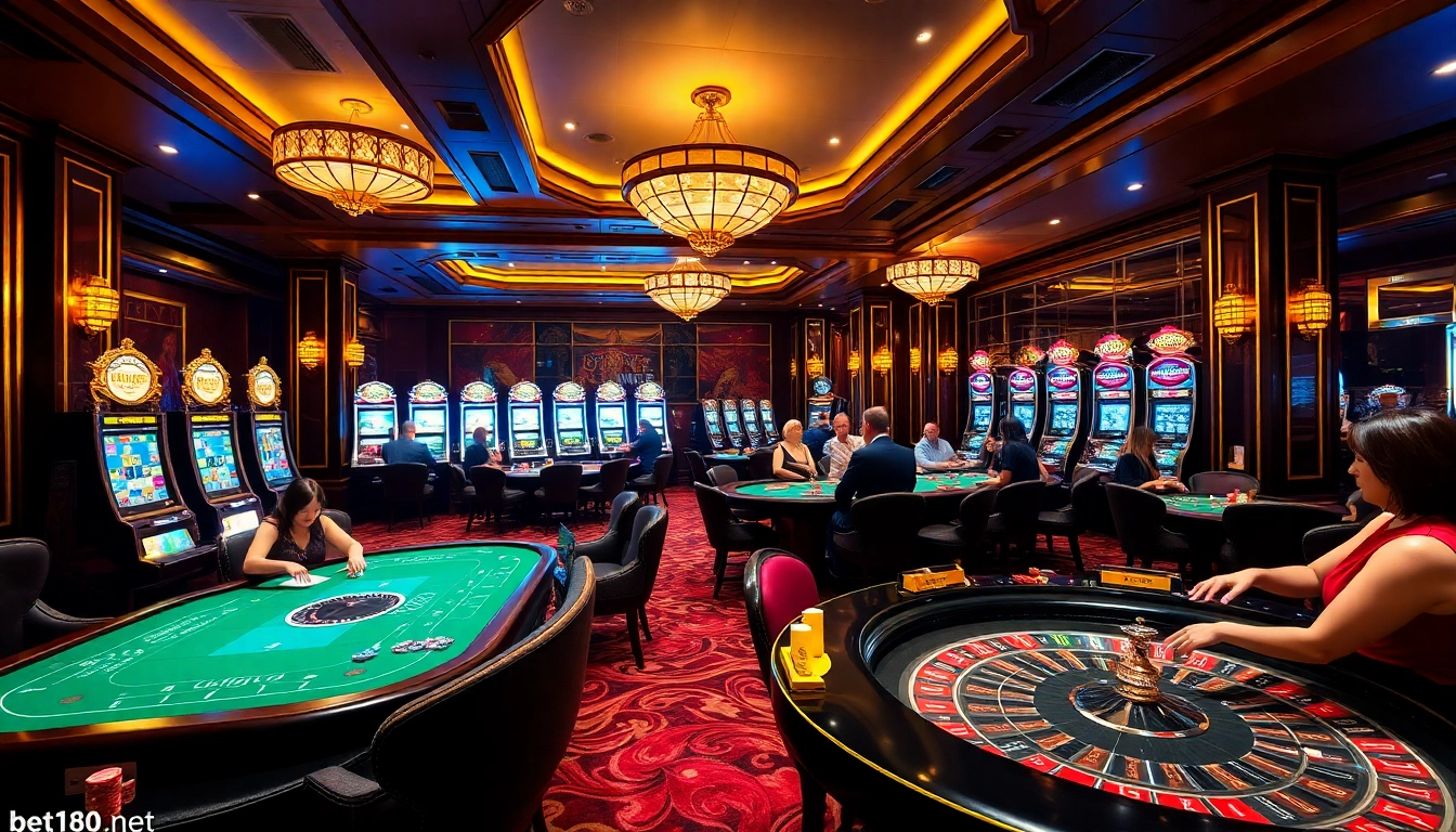 Experience the excitement of bet168 net with players at poker and roulette tables in a luxurious casino.