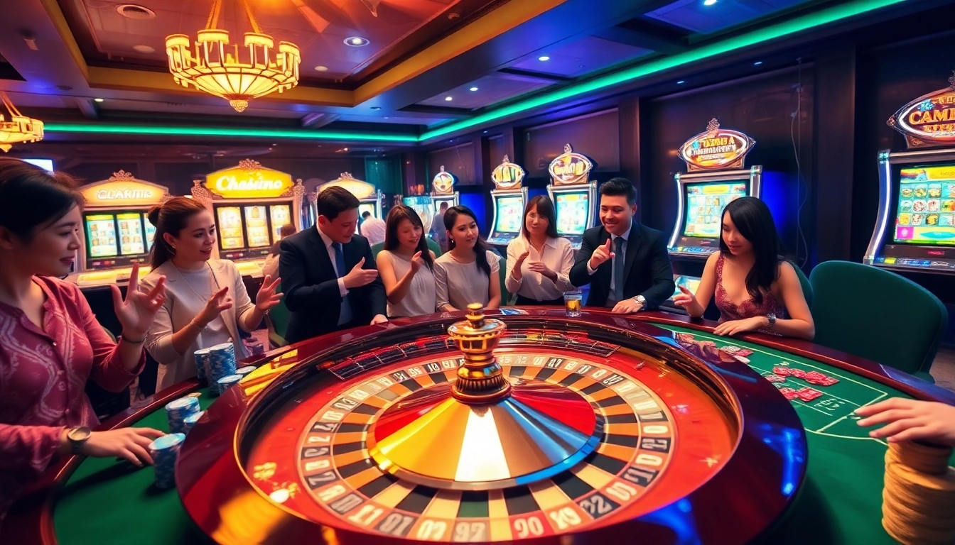Exciting gamebaidoithuong atmosphere with players at a casino table and roulette.