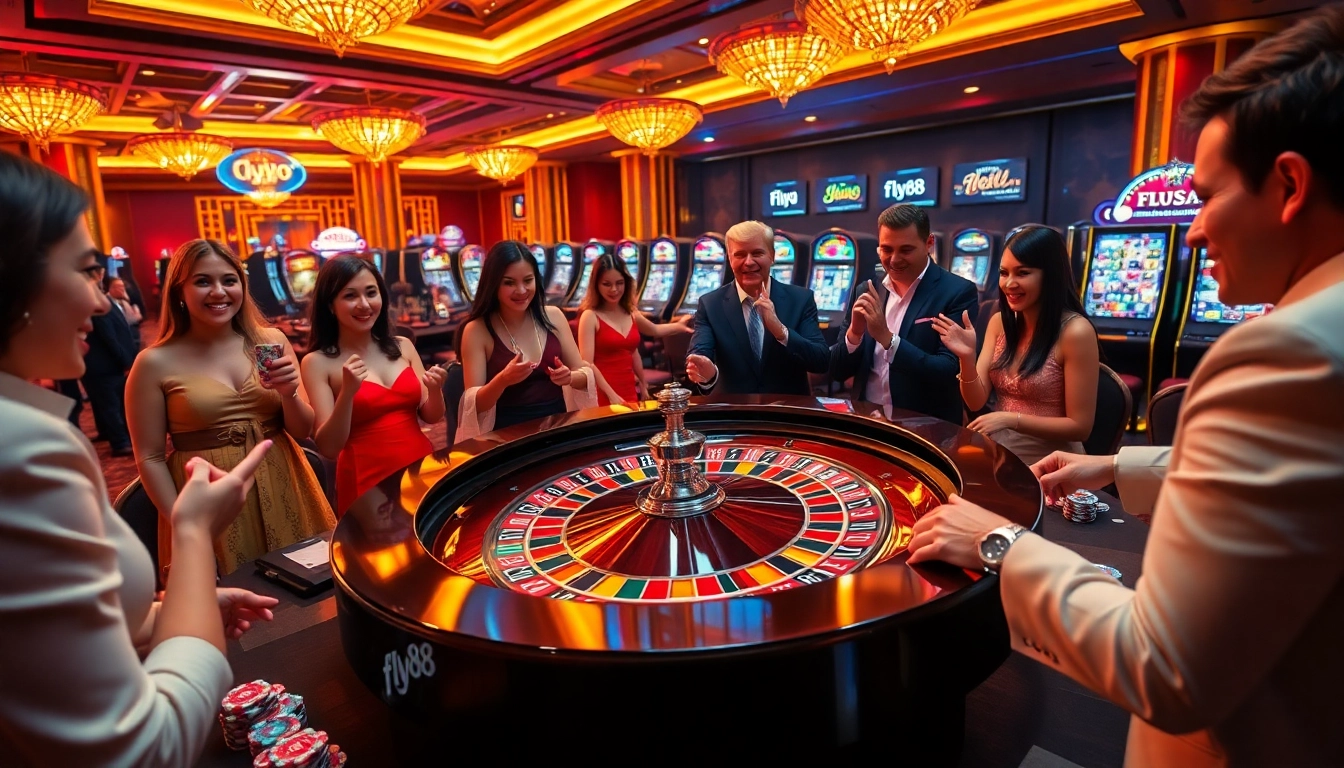 Experience the thrill of fly88 casino gaming with players at roulette and slot machines.