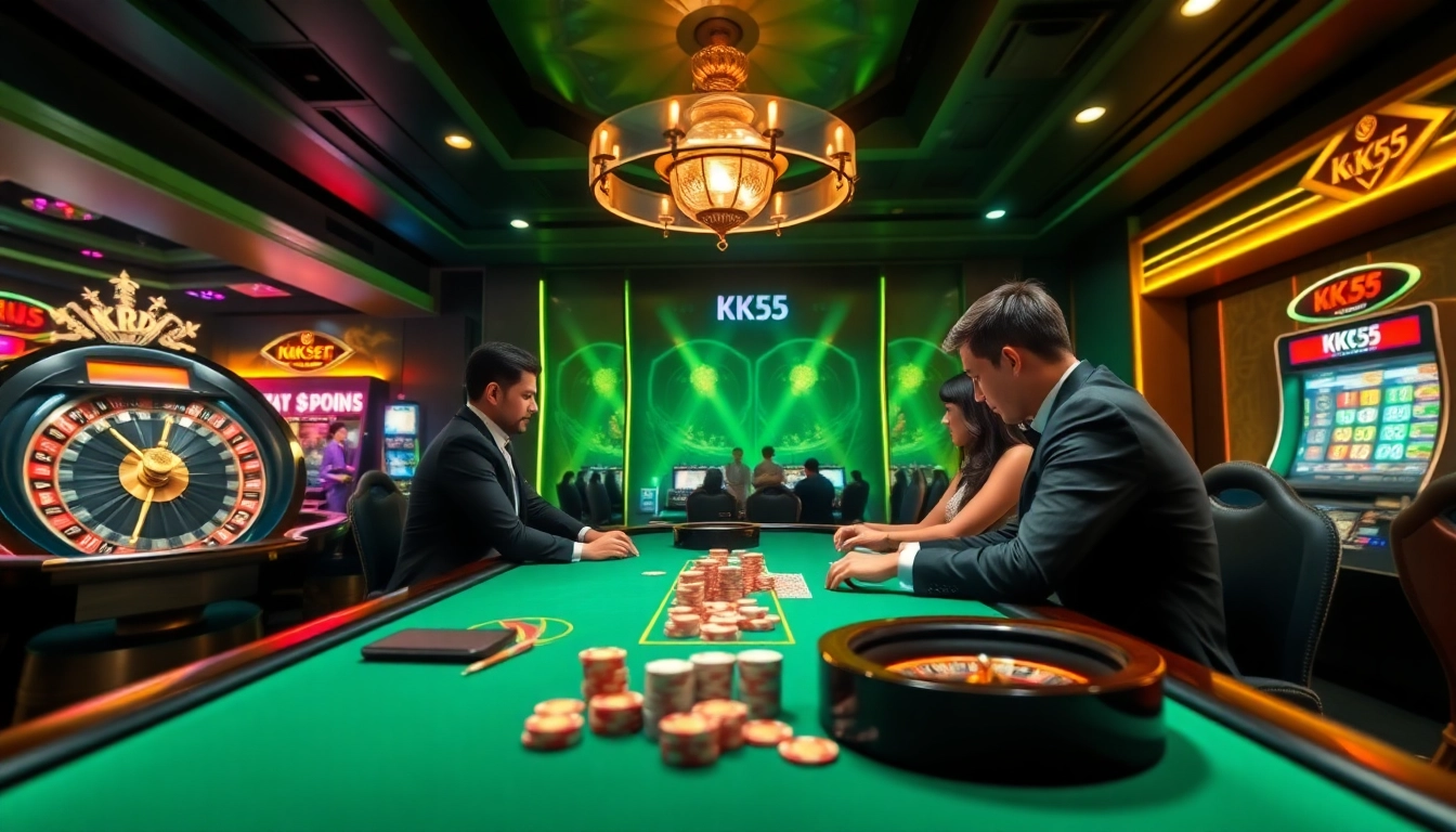 Experience the thrill of casino gaming with KK55 themed poker tables and slot machines shining brightly.