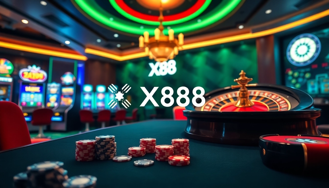 X88 online gambling experience with vibrant casino tables and exciting slot machines
