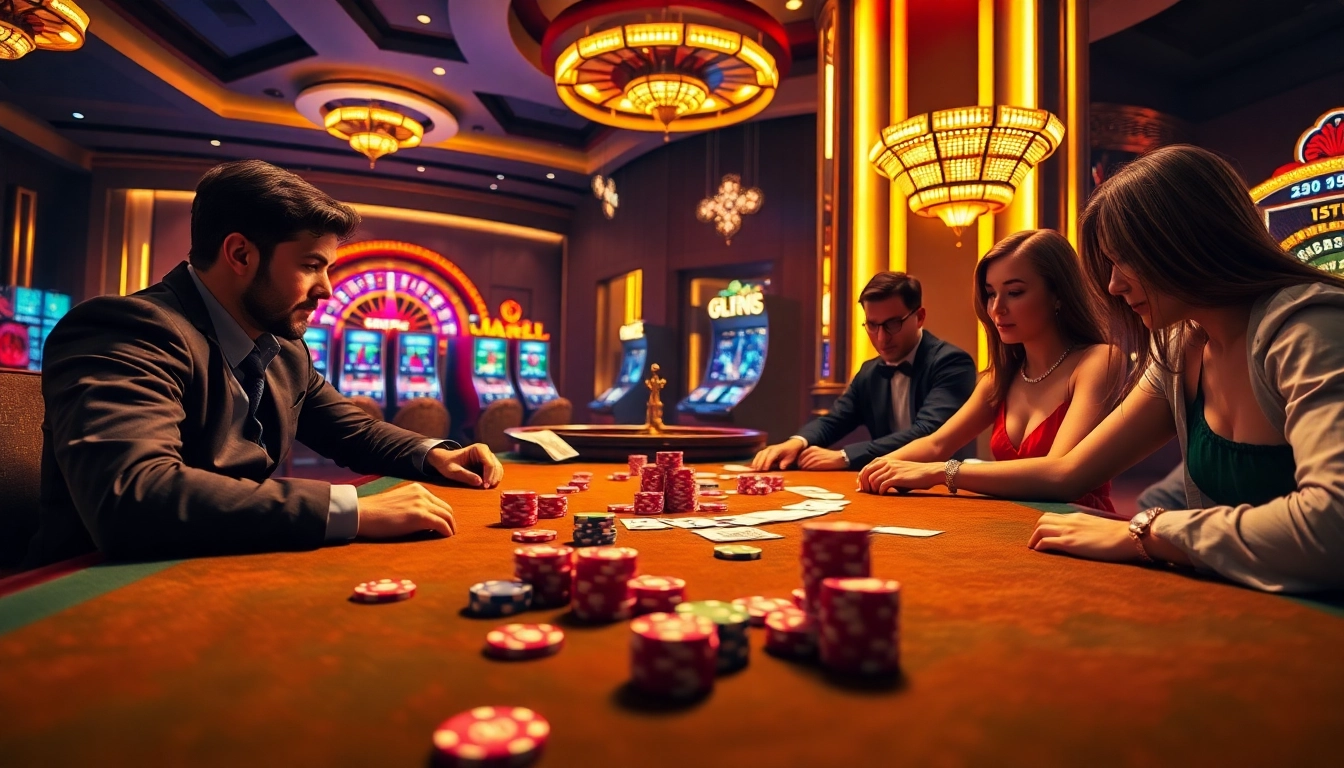 Players strategize at a sao789 poker table under golden casino lights, capturing the thrill of online gambling.