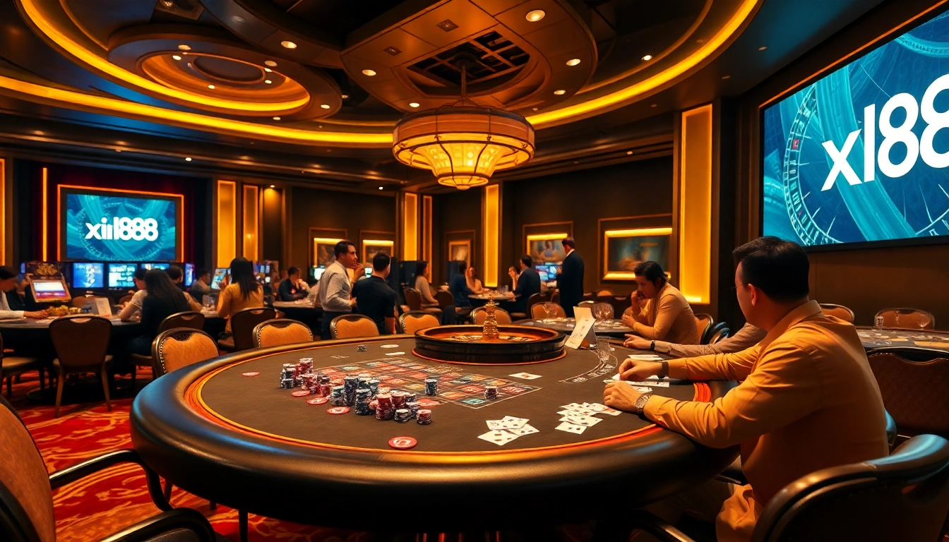 Players enjoying games at xin88, featuring poker, roulette, and vibrant casino ambiance.