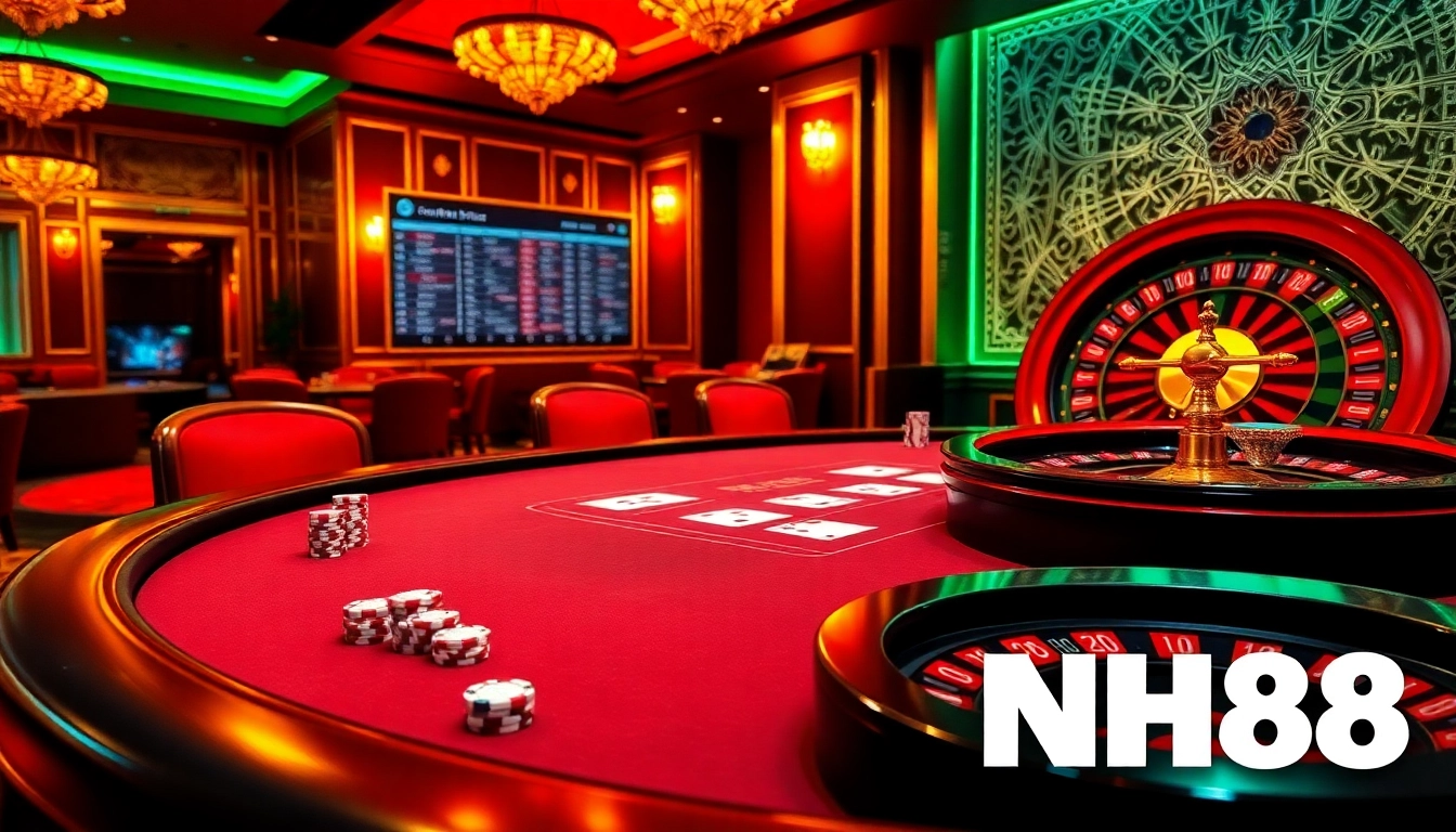 Experience NH88 excitement with vibrant casino visuals featuring poker tables and roulette wheels.